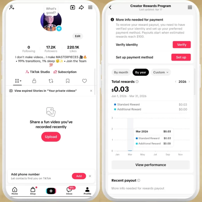 [UK] Fully Monetized Creator Rewards Program Account – 17K Real Followers & 220K Likes | Instant Earnings, Full Access & Good Standing