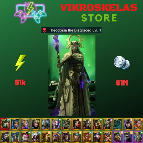 Starter with Mythical - Theodosia : 91k energy / 61 mln coins / Kyoku, Norog, Arix, Ninja + 20 Login Legendaries / Demytha
