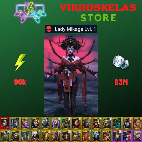 Starter with Mythical - Lady Mikage : 90k energy / 63 mln coins / Morrigaine, Arix, Ninja + 20 Login Legendaries / Coldheart 5x