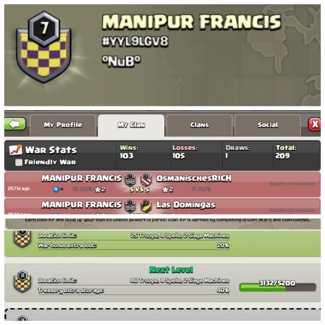 C370▰CLAN NAME: MANIPUR FRANCIS▰CLAN LEVEL: 7▰WAR LOG: WINS-103 | LOSS-105▰France Local Name