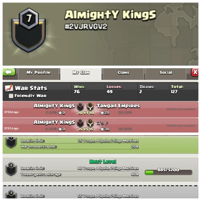 C373◆CLAN NAME: ALMIGHTY KINGS◆CLAN LEVEL: 7◆POSITIVE EAR LOG: WINS-76,LOSS-49◆ENGLISH NAME