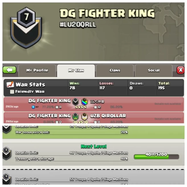 C375▰CLAN NAME: DG FIGHTER KING▰CLAN LEVEL: 7▰WAR LOG: WINS-78,LOSS-117