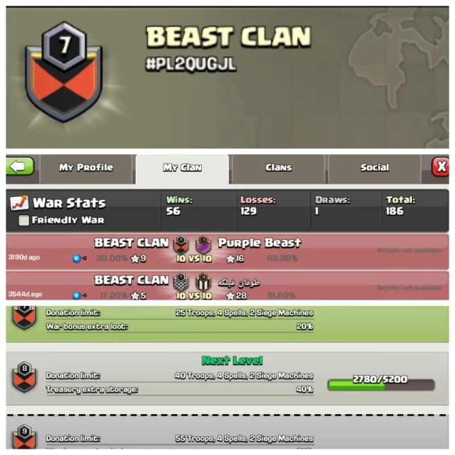 C376◆Name:BEAST CLAN◆Lvl 7◆Good Name◆WAR LOG: WINS-56 | LOSS-129