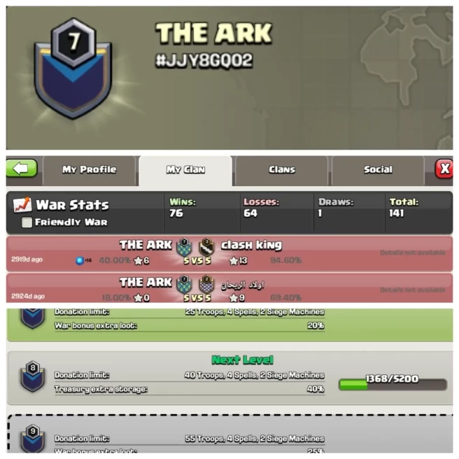 C378◆CLAN NAME: THE ARK◆CLAN LEVEL: 7◆POSITIVE WAR LOG: WINS-76 ,LOSS-64◆ENGLISH NAME