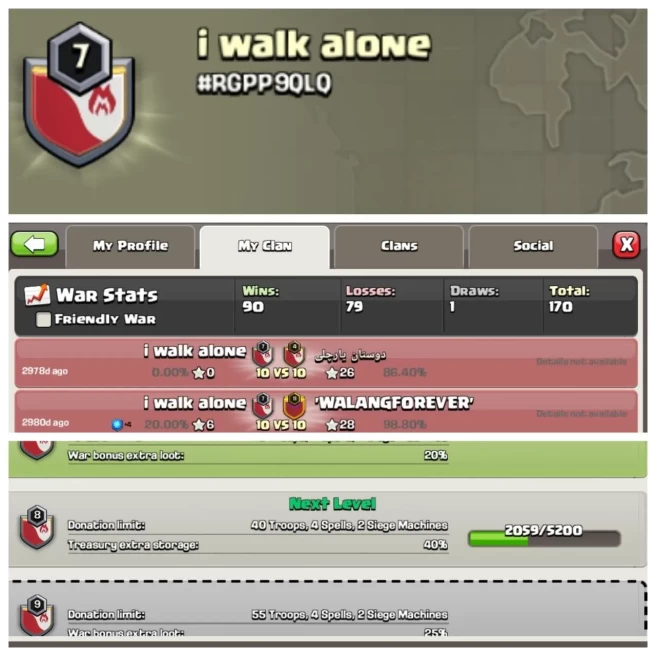 C379◆CLAN NAME: I walk alone◆CLAN LEVEL: 7◆POSITIVE WAR LOG: WINS-90 | LOSS-79◆ENGLISH NAME