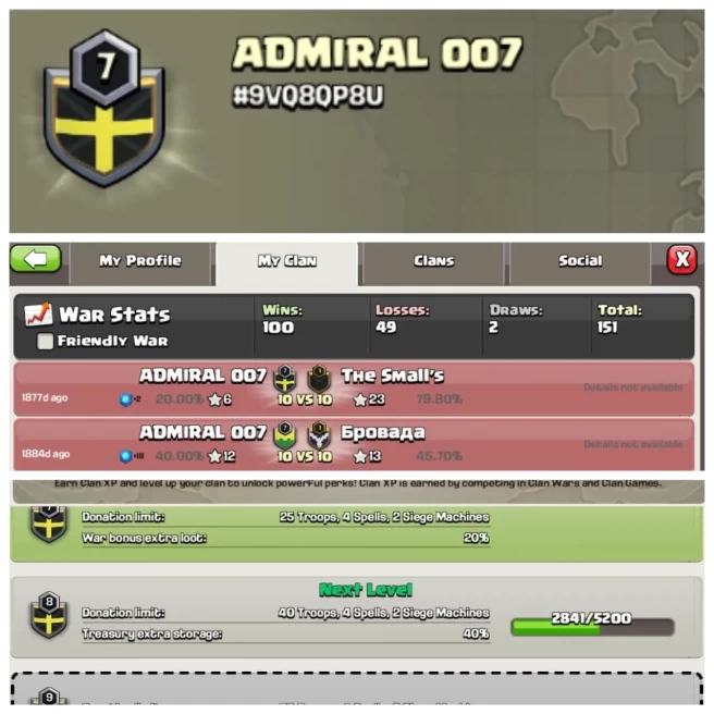 C383◆CLAN NAME: ADMIRAL 007◆CLAN LEVEL: 7◆POSITIVE WAR LOG: WINS- 100 | LOSS-49