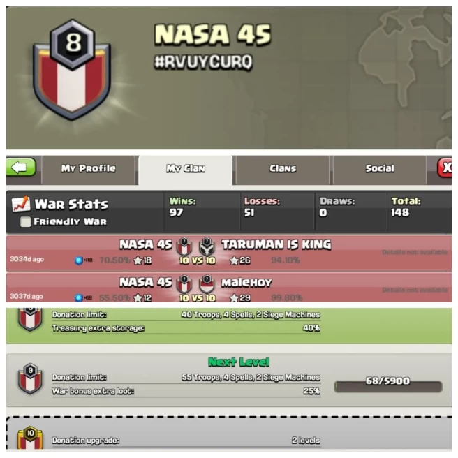 C385◆CLAN NAME: NASA 45◆CLAN LEVEL: 8◆POSITIVE WAR LOG: WINS-97 | LOSS-51