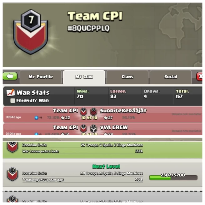 C388◆NAME: TEAM CPI◆LEVEL: 7◆WAR LOG: 70 WINS,83 LOSSES◆