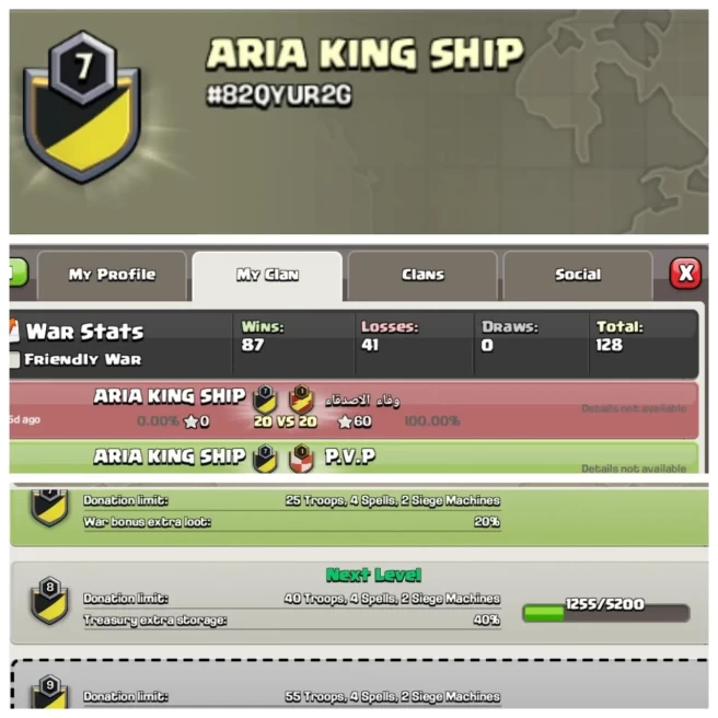 C389◆CLAN NAME: ARIA KING SHIP◆CLAN LEVEL: 7◆WAR LOG: WINS-87,LOSS-41