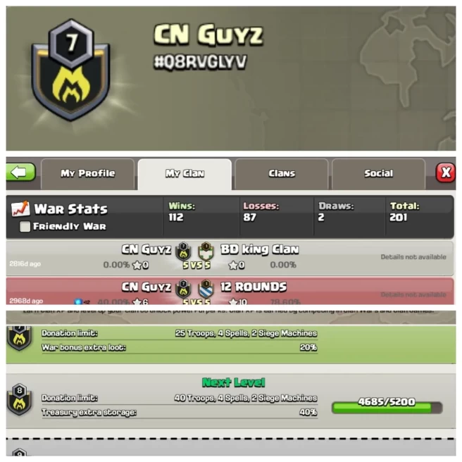 C390▰CLAN NAME: CN GUYZ▰CLAN LEVEL: 7▰POSITIVE WAR LOG: WINS-112 | LOSS-87