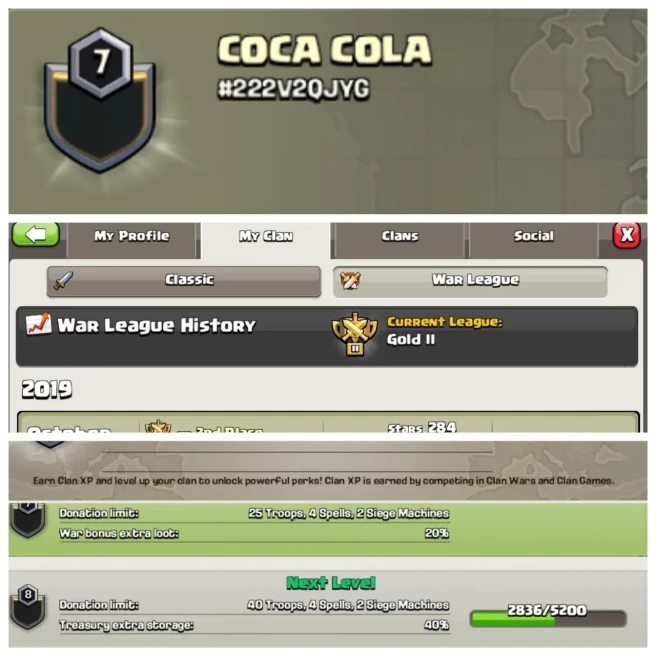 C391◆CLAN NAME: COCA COLA◆CLAN LEVEL: 7◆WAR LOG-GOLD II