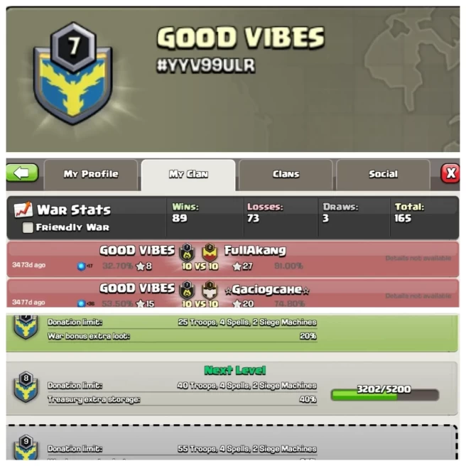 C392▰CLAN NAME: GOOD VIBES▰CLAN LEVEL: 7▰POSITIVE WAR LOG: WINS-89 ,LOSS-73▰ENGLISH NAME
