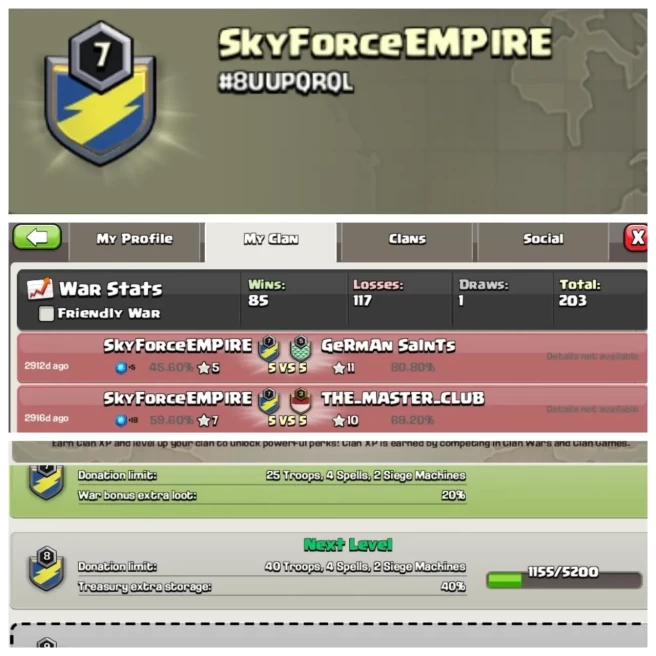 C393◆NAME: SKYforceempire◆LEVEL: 7◆WAR LOG: WINS-85 | LOSS-117◆ENGLISH NAME