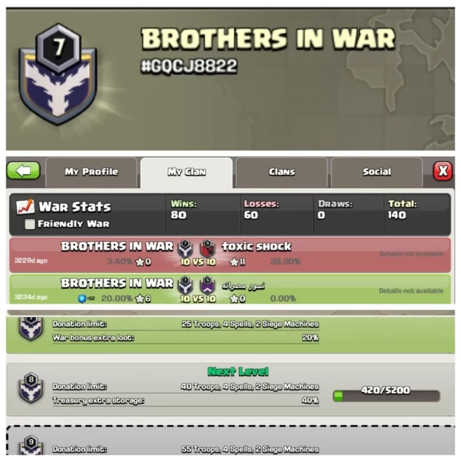 C396▰CLAN NAME: BROTHERS IN WAR▰CLAN LEVEL: 7▰POSITIVE WAR LOG: WINS-80 | LOSS-60▰ENGLISH NAME