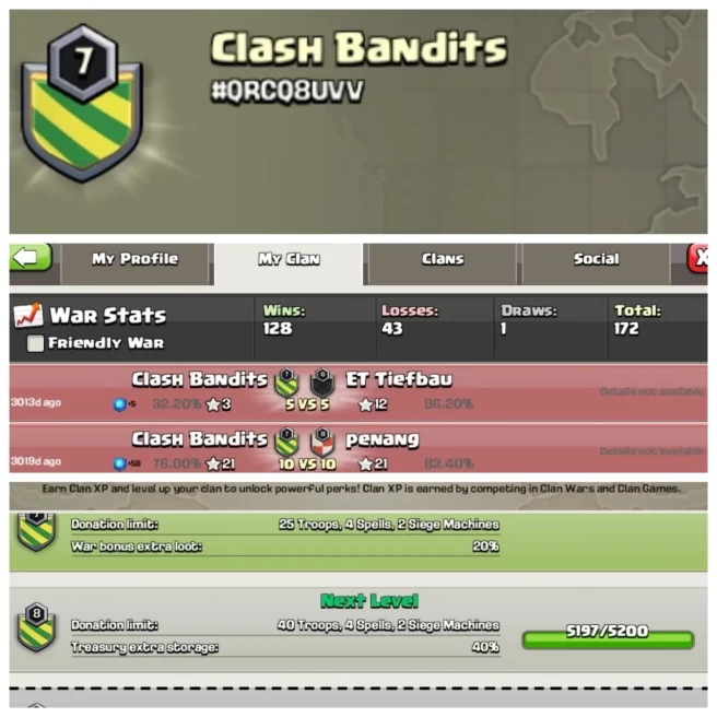 C398◆CLAN NAME: CLASH BANDITS◆CLAN LEVEL: 7◆POSITIVE WAR LOG: 128 WINS,43 LOSSES◆ENGLISH NAME