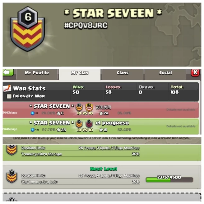 C399◆CLAN NAME: *STAR SEVEEN*◆CLAN LEVEL: 8◆WAR LIG: 50 WINS,58 LOSSES