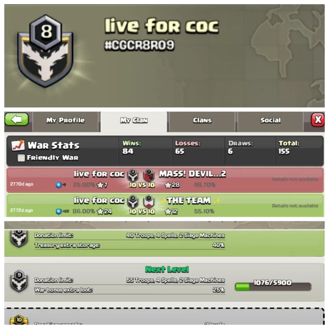 C401◆CLAN NAME: LIVE FOR COC◆CLAN LEVEL: 8◆POSITIVE WAR LOG: WINS-84 | LOSS-56