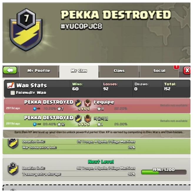 C402◆CLAN NAME: PEKKA DESTROYED◆CLAN LEVEL: 7◆WAR LOG: WINS-60,LOSS-92