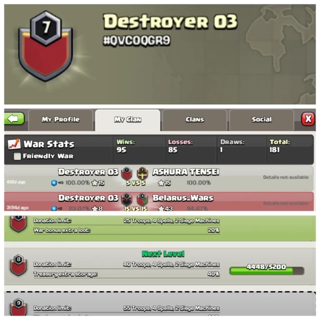 C404◆CLAN NAME: DESTROYED 03◆CLAN LEVEL: 7◆POSITIVE WAR LOG: WINS-95 | LOSS-85