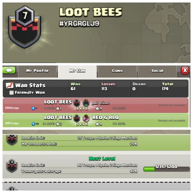 C405▰NAME: LOOT BEES▰LEVEL: 7▰WAR LOG: WINS-61,LOSS-113