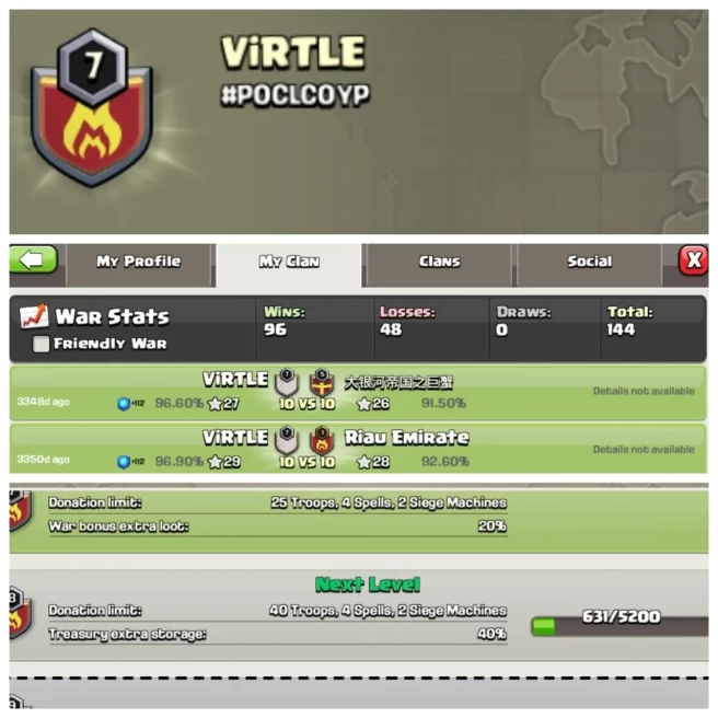 C406◆CLAN NAME:VIRTLE◆CLAN LEVEL: 7◆POSITIVE WAR LOG: WINS-86 | LOSS-48