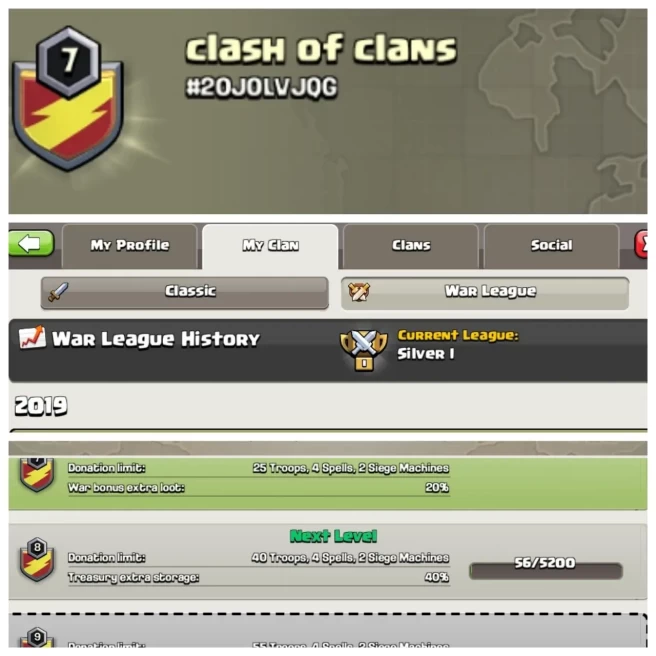 C409▰NAME: CLASH OF CLANS▰LEVEL: 7▰WAR LOG: SILVER I