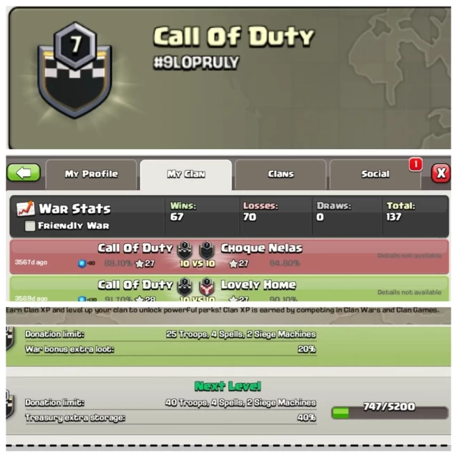 C410◆CLAN NAME: CALL OF DUTY◆CLAN LEVEL: 7◆WAR LIG: WINS-67 / LOSS-70