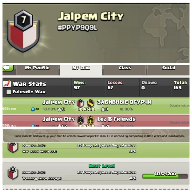 C412◆CLAN NAME: Jalpem city◆CLAN LEVEL: 7◆POSITIVE WAR LOG: WINS-97 | LOSS-67