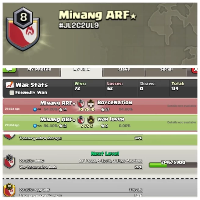 C413◆CLAN NAME: Minang arf◆CLAN LEVEL: 8◆POSITIVE WAR LOG: WINS-72 | LOSS-62