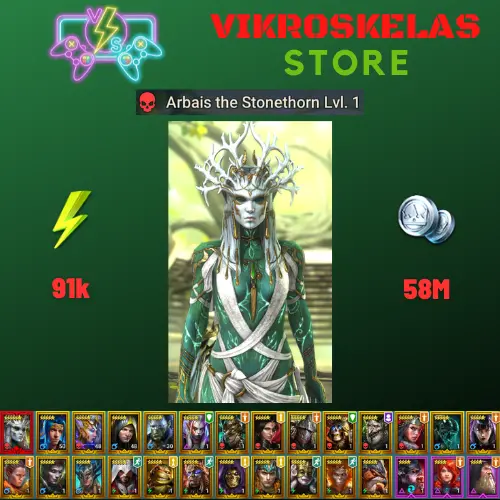 Starter with Mythical - Arbais : 91k energy / 58 mln coins / Kaja, Abbess, Arix, Ninja + 20 Login Legendaries / Gala