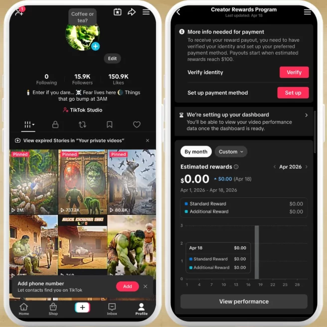 UK Fully Monetized Creator Rewards Program Account – 15K Real Followers & 150K Likes | Instant Earnings, Full Access & Account in Good Standing