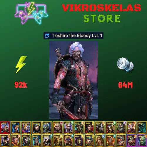 Starter with Mythical - Toshiro : 92k energy / 64 mln coins / Lady of Ireth, Errol, Vlad, Arix, Ninja + 20 Login Legendaries