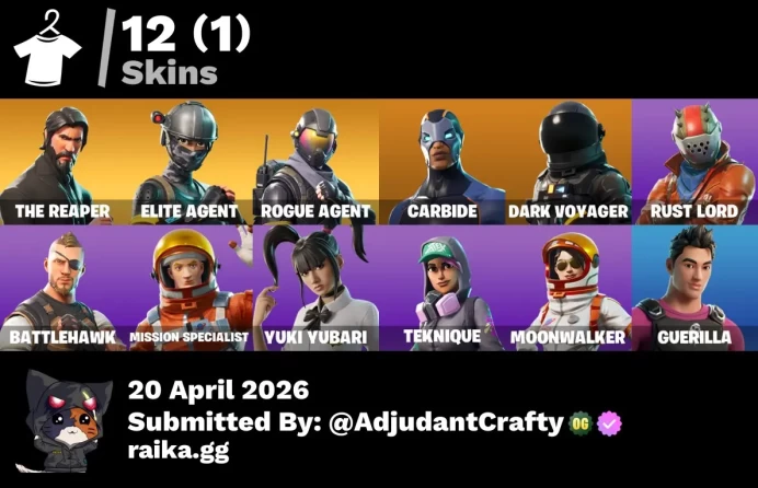 [Code 9808] [PC] 12 skins | The Reaper | Elite Agent | Rogue Agent | Carbide | Dark Voyager | Rust Lord | Battlehawk | Mission Specialist | Yuki