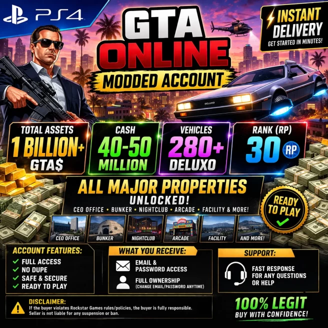PS4 GTA  Account – 1 Billion Assets | 40–50M Cash | 280+ Deluxo | RP 30