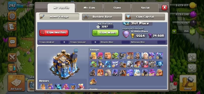 Th_18(XP 292)(HERO MAX)(21 EQUIPMENT EPIC MAX)(C.N 500 GEM)(ALL DEFENSIVE & PETS MAX)(TROPE MAX)(B.B MAX)(LIFTIME WARANTY)