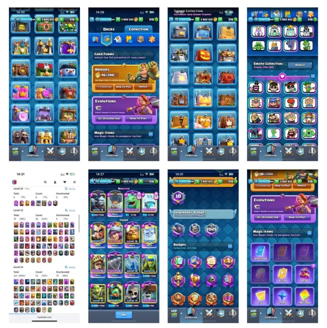 Level 74 | 8× Level 16 | 70× Level 15 | 7 Heroes | 35 Evolutions | 40Tower Skins | 245 Rare Emotes| 10 YO | Code254