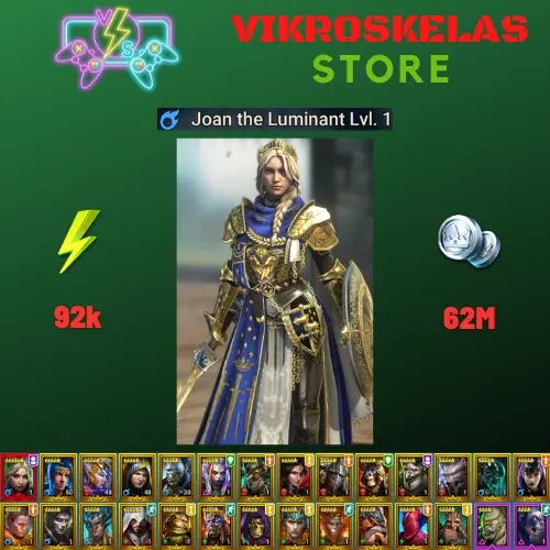 Starter with Mythical - Joan : 92k energy / 62 mln coins / Brakus, Cupidus, Tomb Lord, Arix, Ninja + 20 Login Legendaries