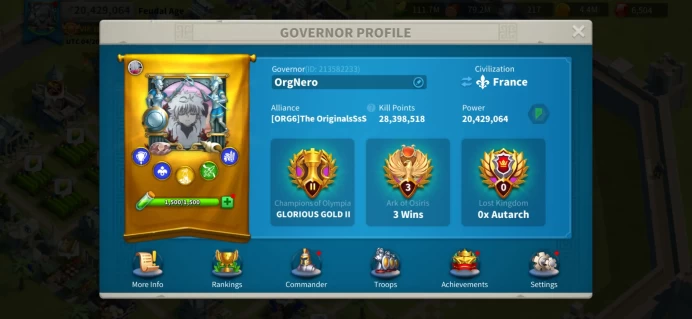 20M Power - KD 3969, Ready to Migrate to all KD in Offseason KVK 2 - Pyrrhus 5521, YSG 5411, Cao Cao 5321 - VIP 10 - 1.6B RSS, 116 Days S U #458