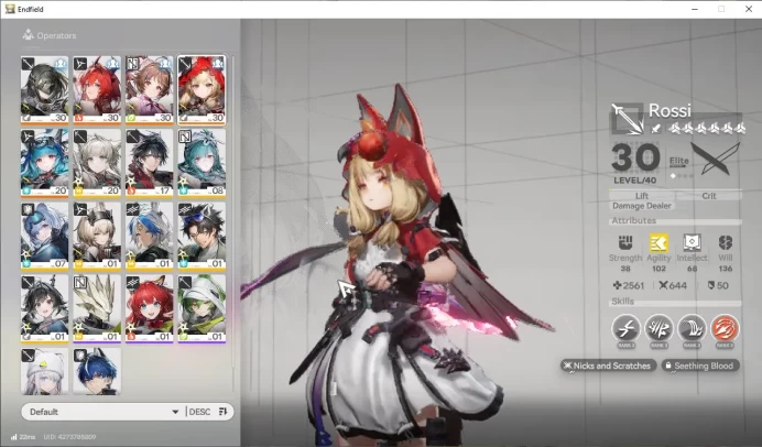 ASIA|Lv40|SSR4(2Limit)+9(*6WP)|Laevatain,Rossi,Ardelia+sign,LastRite,OprSelector|Gryphlink|TakeMail|Check(END1812)