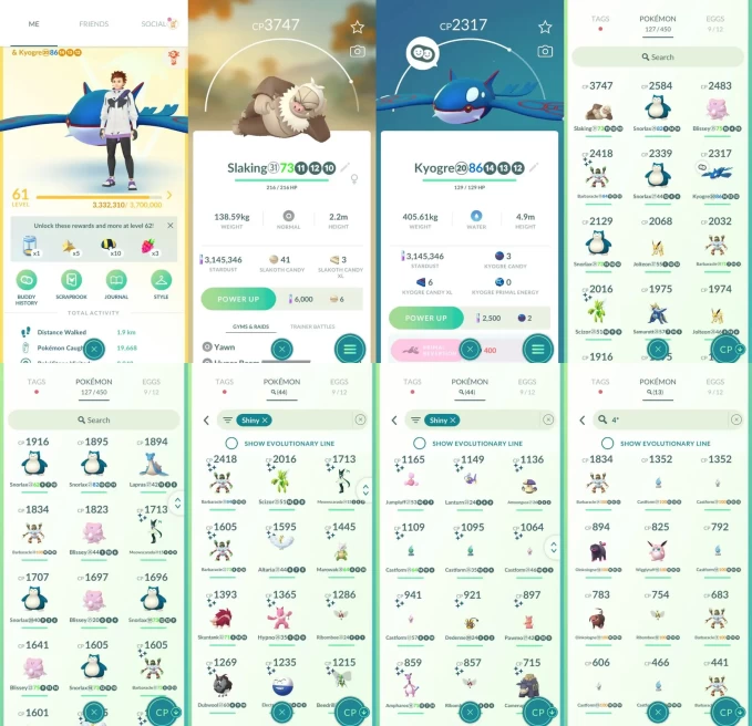 ACm1454 -lv 61 Instinct | x1 3000CP | x10 2000CP | x1 Legendary | x44 shiny | x13 100IV | Kyogre | 3747CP Slaking | Shiny Meowscarada Altaria Se