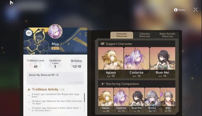 Asia|TL 60|7 Limited|Aglaea+Sign,Castorice,Evernight,Dante,Sparkle,Ruan Mei,Etc|MC Male|Amphoreus|Take Mail|CheckSS(HSR6366)
