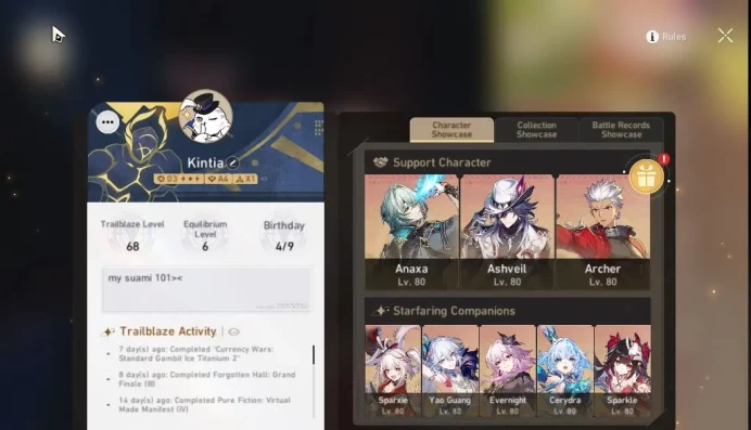 Asia|TL 68|2,3K SJ|11 Limited|[Ashveil,Yao Guang]+Sign,Evernight,Cerydra,Anaxa,Dante,Etc|MC Female|Take Mail|Check SS(HSR6368)