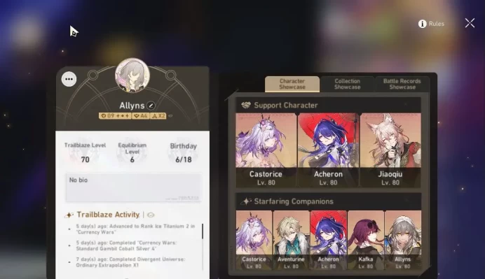 Asia |TL 70|9,9K SJ+17 SRSP|9 Limited|Firefly+Sign,Castorice,Kafka,Acheron,Jiaoqiu,Etc|Mc Female|Take Mail|Check SS|(HSR6389)