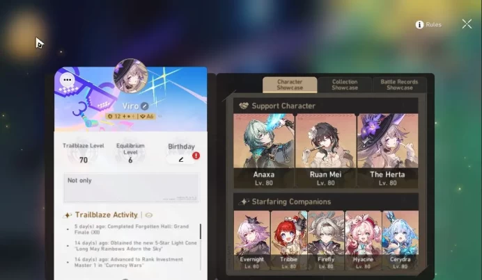 Asia|TL 70|13 Limited|[Evernight,Hyacine,Firefly,Anaxa,TheHerta]+Sign,Yao Guang,TheDahlia,Cerydra,Etc|TakeMail|CheckSS|(HSR6390)