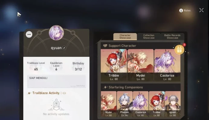 Asia|TL 65|9 Limited|[Castorice,Mydei]+Sign,Phainon,Sunday,B3,Dante,Ruan Mei,Archer,Topaz|MC Male|TakeMail|CheckSS|(HSR6395)