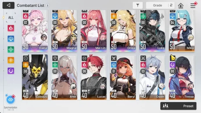GLOBAL Lv44|5 SSR[DianaM2,Magna,MeiLin,Orlea,Luke]+9 SR[MikaM4,BerylM1,NiaM1,Etc]+15 SR Partners|Log Stove|Check SS(CZN1818)