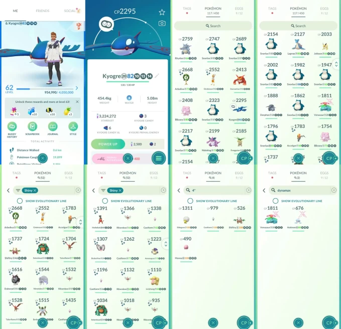 ACm1456 -lv 62 Mystic | x16 2000CP | x1 Legendary | x52 shiny | x4 100IV | Kyogre | shiny Ditto Cinderace | Dinamax Venusaur