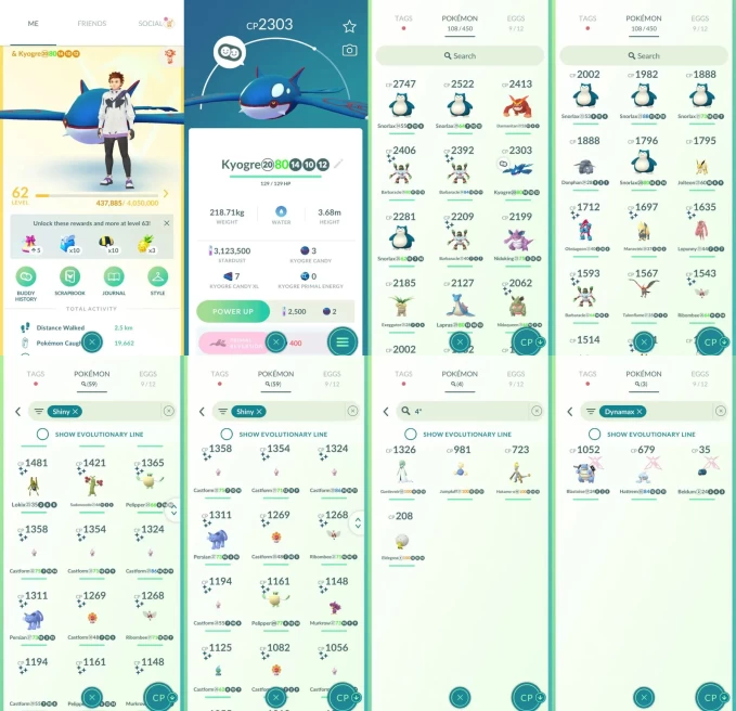 ACm1457 -lv 62 Instinct | x13 2000CP | x1 Legendary | x59 shiny | x4 100IV | Kyogre | 100IV Gardevoir Hakamo-o | Shiny Barbaracle Charizard