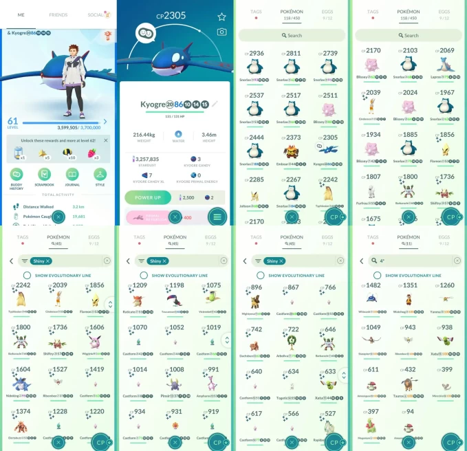 ACm1459 -lv 61 Mystic | x17 2000CP | x1 Legendary | x45 shiny | x11 100IV | Kyogre | Shiny Typhlosion Cinderace Flareon Rapidash Alolan Kecleon