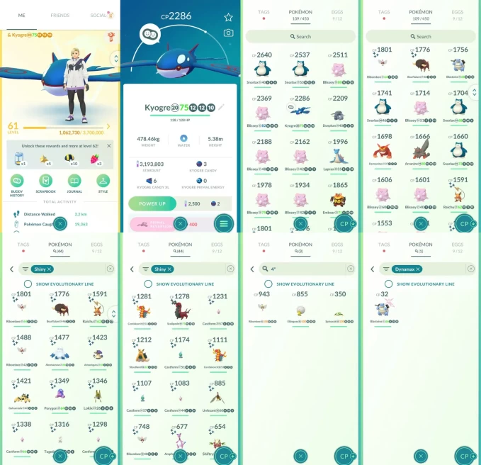 ACm1460 -lv 61 Instinct | x8 2000CP | x1 Legendary | x44 shiny | x3 100IV | Kyogre | x17 Blissey | Snorlax Lapras Arcanine Hisui Emboar